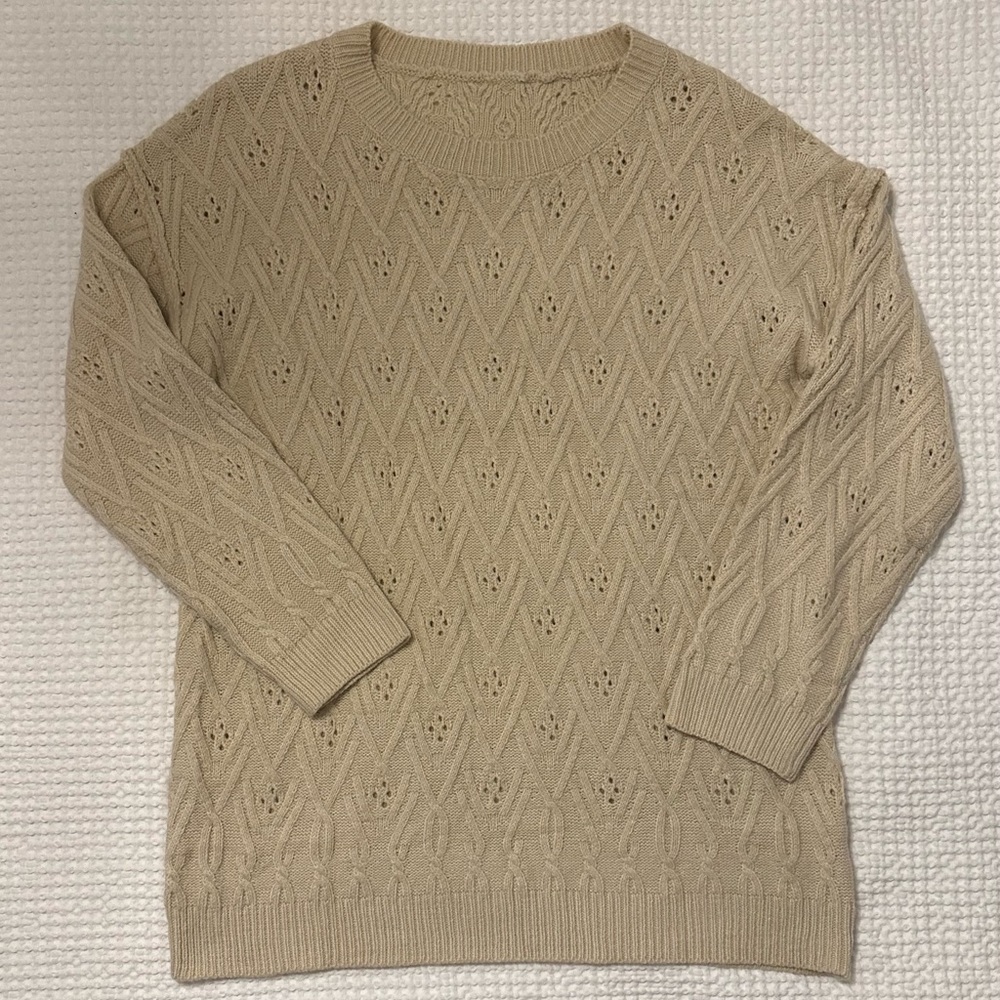 Women Sweater Cream Cardigan‎ Open Knit Diamond Pattern Size XXL